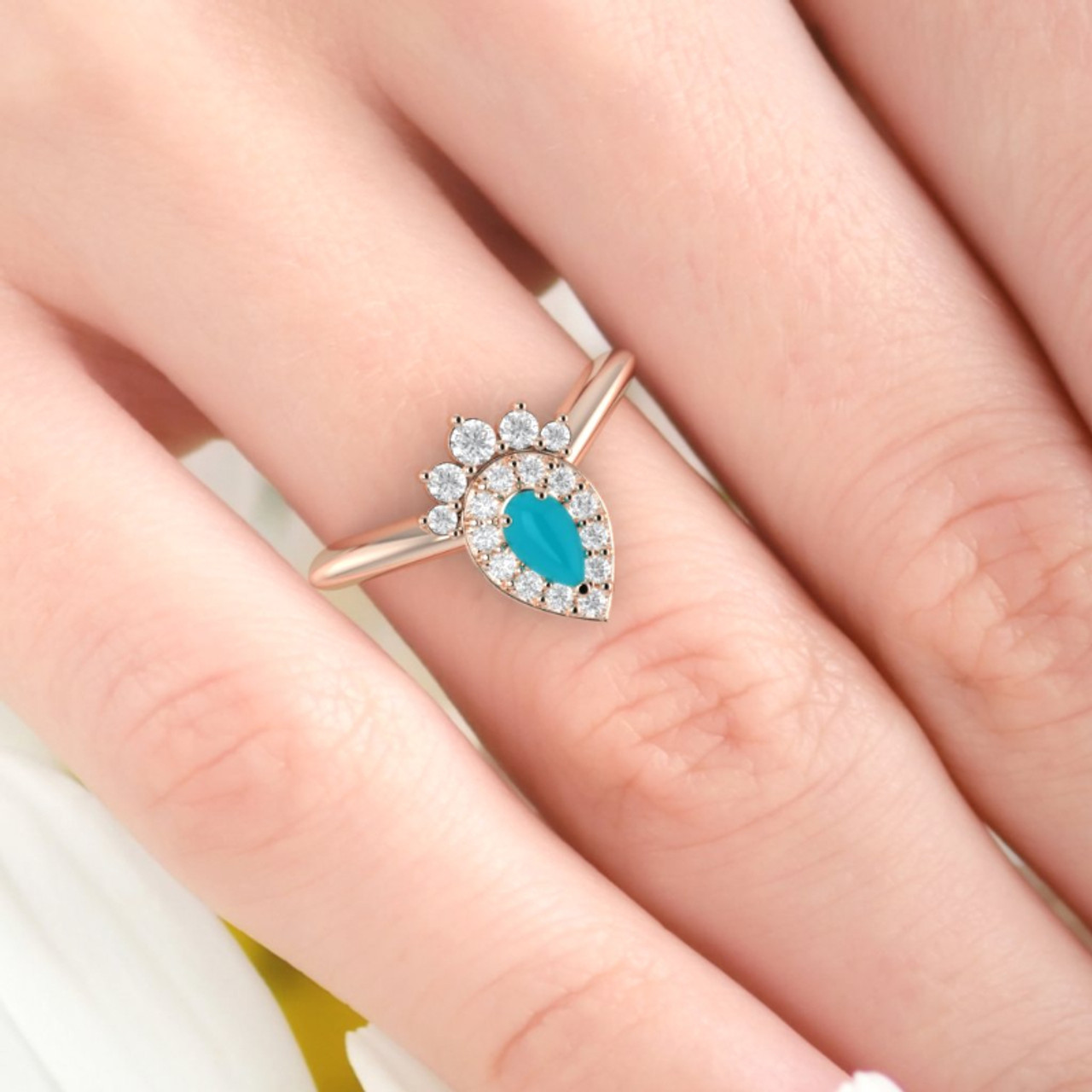 Turquoise Engagement ring. Wishbone diamond ring. Rose gold pear shape turquoise  ring. Available in 14K, 18K