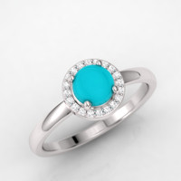 white gold turquoise ring, excellent cut white diamonds pave set into a halo ring.