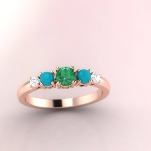 Emerald ring. Eternity ring. Engagement ring. Cocktail ring. Emerald, turquoise and diamond ring. Rose gold ring.
