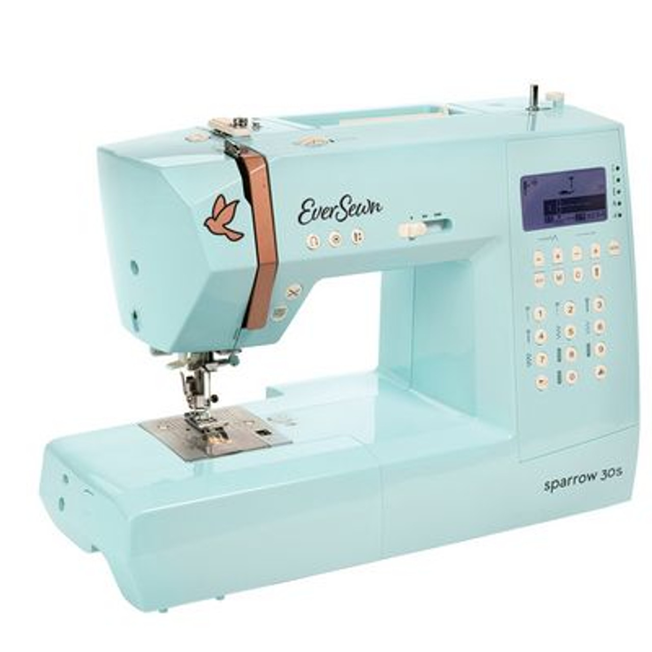 EVERSEWN Sparrow 30 - 310 stitch computerized sewing machine. This machine offers everything a creative sewer could need, at a very attractive price / performance ratio. Features include: 310 stitch patterns in total, including 32 utility, 84 decorative, and 2 full alphabets. Decorative stitches can be set up to a width of 7 mm, as desired. The memory function allows individual stitch combinations to be saved. With the push of a button, the Sparrow 30 cuts your thread automatically. In addition to features such as adjustable presser foot pressure, sewing speed control, start/stop function and needle stop up/down, the EverSewn Sparrow 30 also includes 9 presser feet, including the ¼" and walking foot, plus an extension table!
