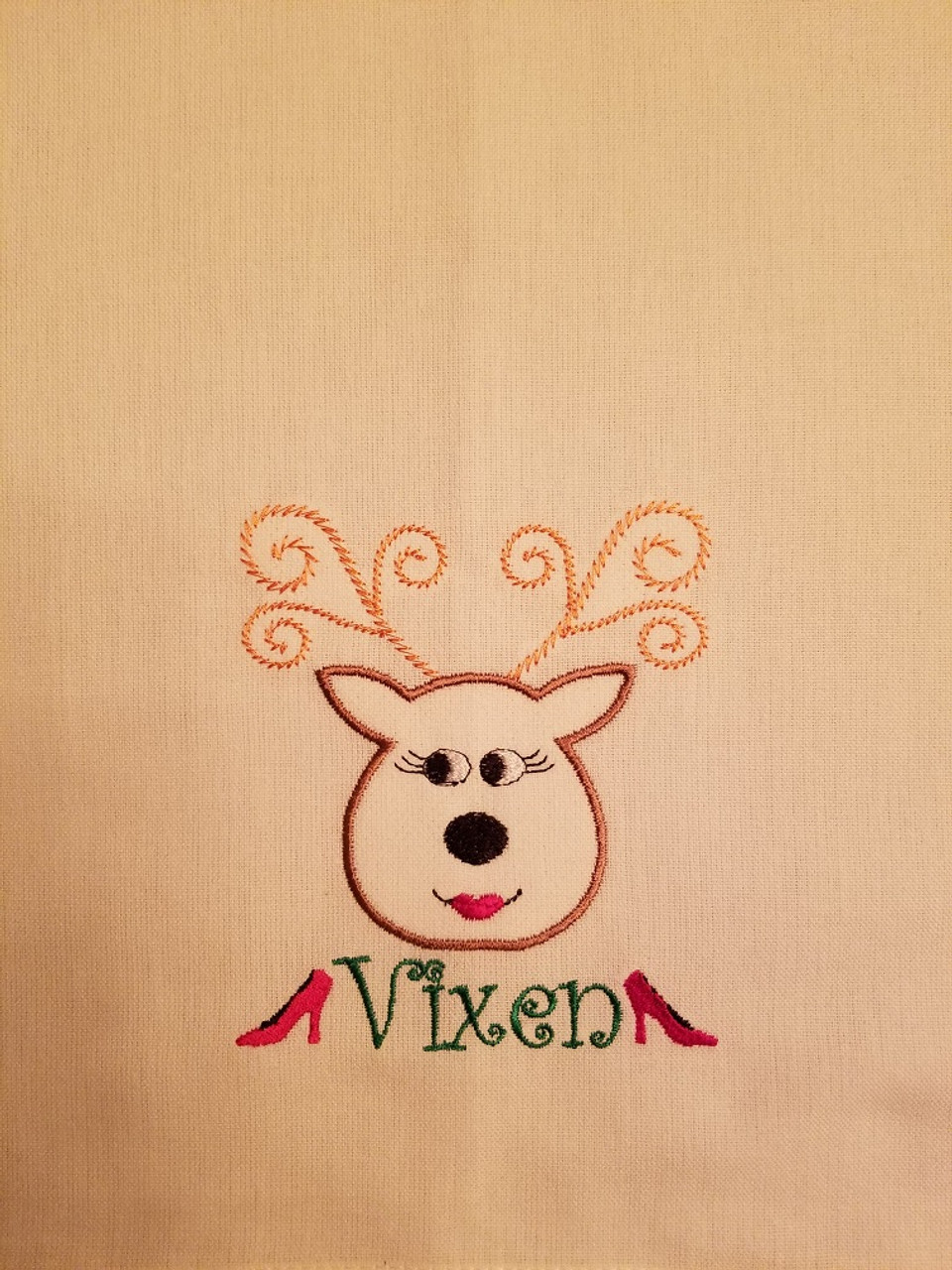 Vixen 1 - Kitchen Towel - 20" x 28"
Embroidery on a white towel.
100% Cotton with loop, for optional hanging.
Machine washable in cool water and tumble dry at low temperature.
Minimal shrinkage.
Size: 20" x 28"