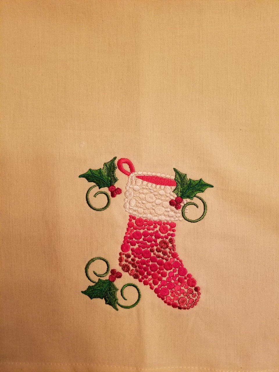 Stocking - Kitchen Towel - 20" x 28"
Embroidery on a cream colored towel.
100% Cotton with loop, for optional hanging.
Machine washable in cool water and tumble dry at low temperature.
Minimal shrinkage.
Size: 20" x 28"