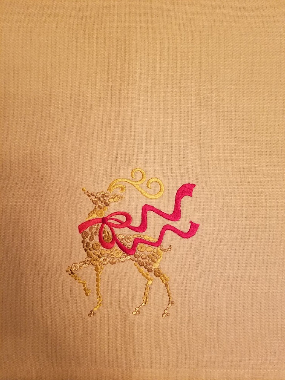 Reindeer - Kitchen Towel - 20" x 28"
Embroidery on a cream colored towel.
100% Cotton with loop, for optional hanging.
Machine washable in cool water and tumble dry at low temperature.
Minimal shrinkage.
Size: 20" x 28"