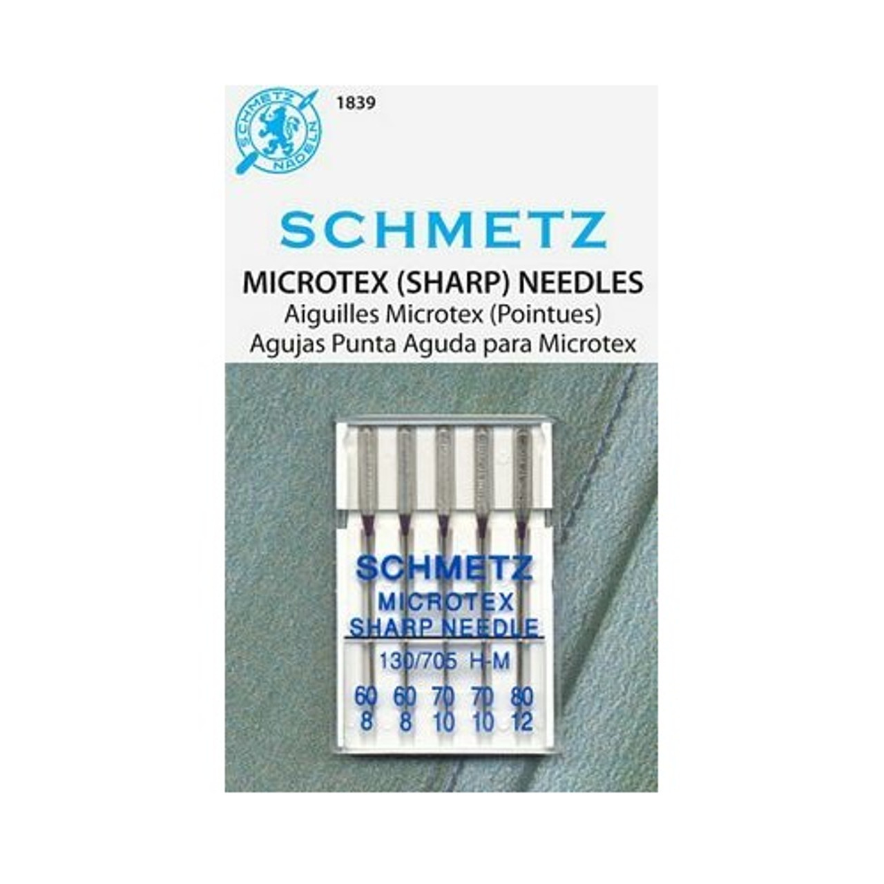 Microtex (Sharp) Sewing Machine Needles - Assorted - 5 pk - Schmetz
Also caled Sharp Needles. These have a very slim, acute point for easier piercing of very fine or densely woven fabrics.
Use for precise stitching of edges, also for silk, microfober fabrics, coated materials, foils and artificial leather.
System 130/705 H-M
Size Assorted - 2 size 60/8,  size 70/10 & 1 size 80/12
5 needles per pack