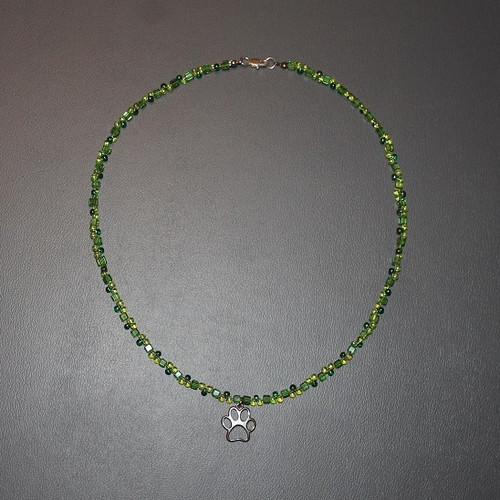 Green Beaded Necklace with Paw Charm