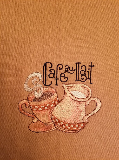 Cafe au Lait - Kitchen Towel - 20" x 28"
Embroidery on a wheat colored towel.
100% Cotton with loop, for optional hanging.
Machine washable in cool water and tumble dry at low temperature.
Minimal shrinkage.
Size: 20" x 28"