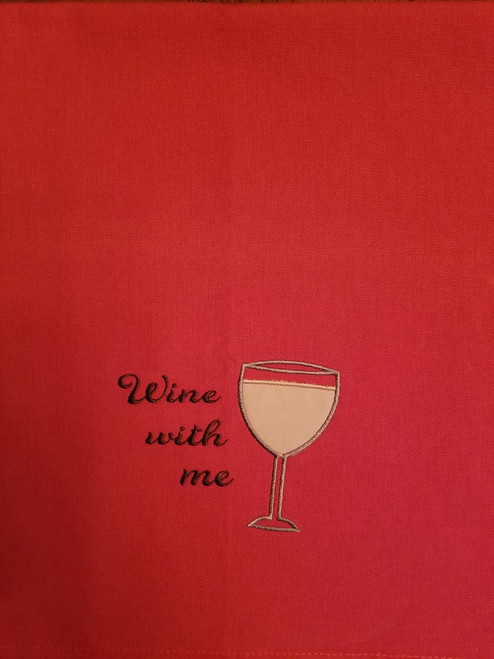 Wine With Me - Kitchen Towel - 20" x 28"
Embroidery on a orange colored towel.
100% Cotton with loop, for optional hanging.
Machine washable in cool water and tumble dry at low temperature.
Minimal shrinkage.
Size: 20" x 28"