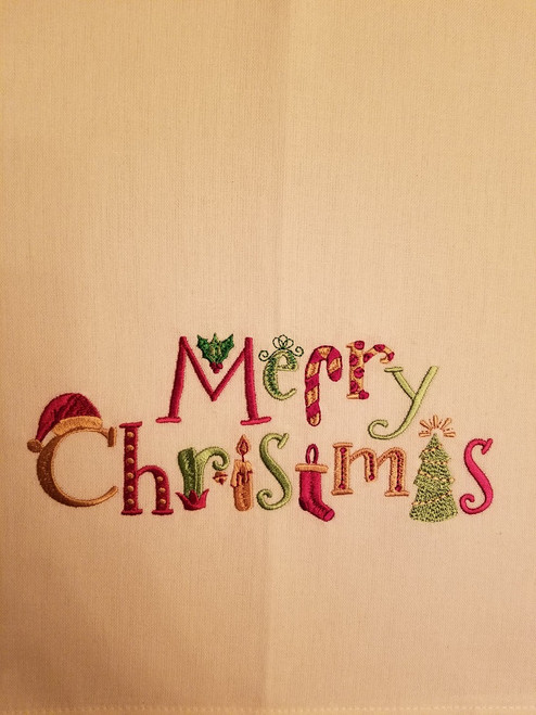 Merry Christmas - Kitchen Towel - 20" x 28"
Embroidery on a white towel.
100% Cotton with loop, for optional hanging.
Machine washable in cool water and tumble dry at low temperature.
Minimal shrinkage.
Size: 20" x 28"