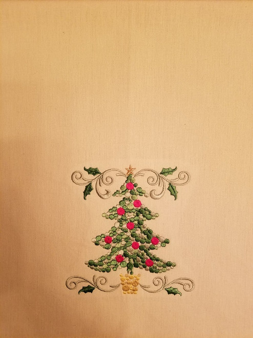 Christmas Tree - Kitchen Towel - 20" x 28"
Embroidery on a cream colored towel.
100% Cotton with loop, for optional hanging.
Machine washable in cool water and tumble dry at low temperature.
Minimal shrinkage.
Size: 20" x 28"