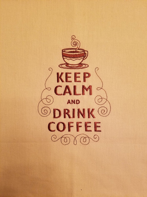 Keep Calm And Drink Coffee - Kitchen Towel - 20" x 28"
Embroidery on a cream colored towel.
100% Cotton with loop, for optional hanging.
Machine washable in cool water and tumble dry at low temperature.
Minimal shrinkage.
Size: 20" x 28"