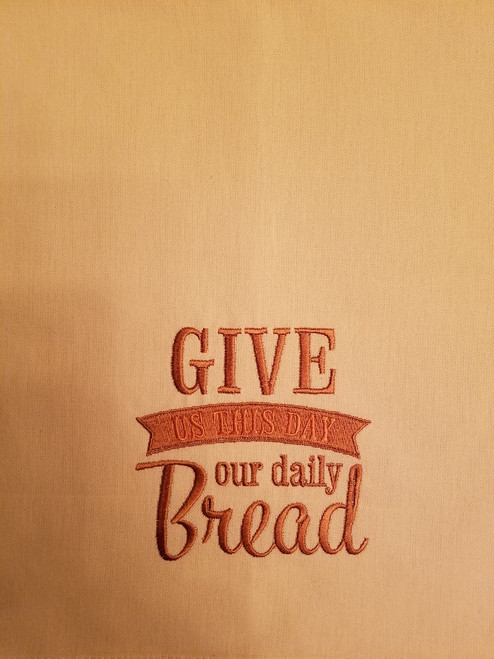 Give Us This Day Our Daily Bread 2 - Kitchen Towel - 20" x 28"
Embroidery on a cream colored towel.
100% Cotton with loop, for optional hanging.
Machine washable in cool water and tumble dry at low temperature.
Minimal shrinkage.
Size: 20" x 28"