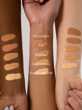 Golden Hour Liquid Foundation swatches on 3 different skin tones 