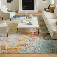 abstract sealife rug in a living room with white furniture 