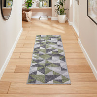 Coral Green Grey Geometric Washable Rug Runner