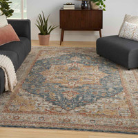 Sahar Traditional Silk Look Rug Ivory Blue Runner
