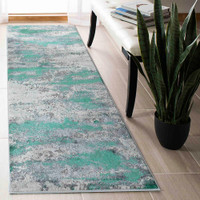 aqua grey abstract rug runner in a hallway