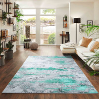 aqua grey abstract rug in a living room