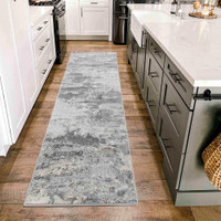 silver grey abstract rug runner in a kitchen