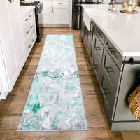aqua grey abstract rug runner in a kitchen