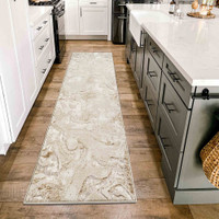 beige abstract rug runner in a kitchen