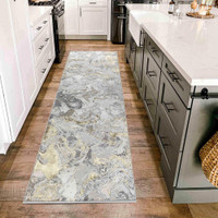 gold grey abstract rug runner in a kitchen