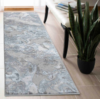 silver shaggy rug runner in a hallway