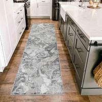 silver shaggy rug runner in a kitchen