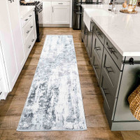 grey abstract rug runner in a kitchen