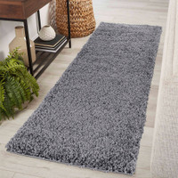 plain shaggy dark grey rug runner in hallway