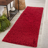 plain shaggy red rug runner in hallway