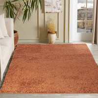 plain shaggy terracotta rug in a living room