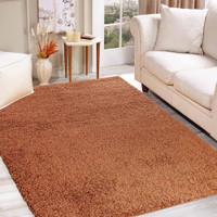 plain shaggy terracotta rug in a living room