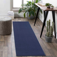 plain low pile navy rug runner in a living space
