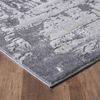 modern abstract abrasion grey rug runner closeup corner on a wooden floor