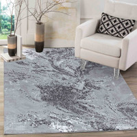 modern abstract sprayed black rug in a living room