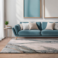 abstract blue shaggy rug in a living room with yellow sofa