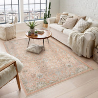 traditional floral coral rug in a living room