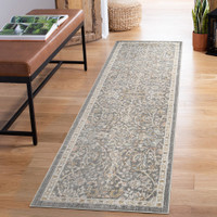 traditional floral grey rug runner in a hallway