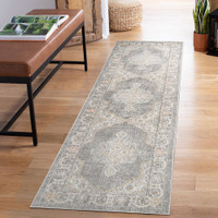 traditional floral grey rug runner in a hallway