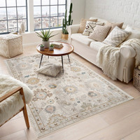 traditional beige rug in a living room