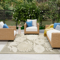 floral ivory sage rug outdoors with furniture and plants