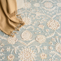 blue traditional rug closeup with brown throw