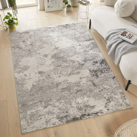 grey traditional rug in a living room with white decor