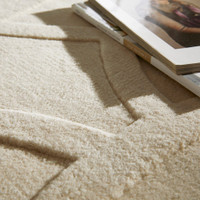 ivory wool rug closeup with books