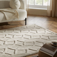 taupe wool rug closeup in a living room with natural decor
