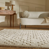 beige wool rug in a living room with natural decor
