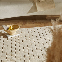 beige wool rug in a living room with natural decor