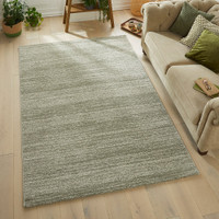 sage striped rug in a living room with matching decor
