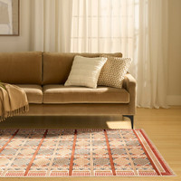 rust blue geometric rug in a living room