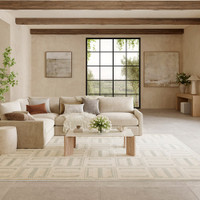 ivory blue geometric rug in a living room